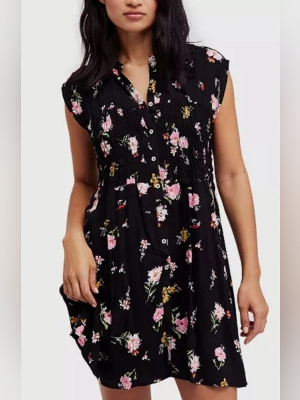 Free People Navy Floral Button-Front Dress